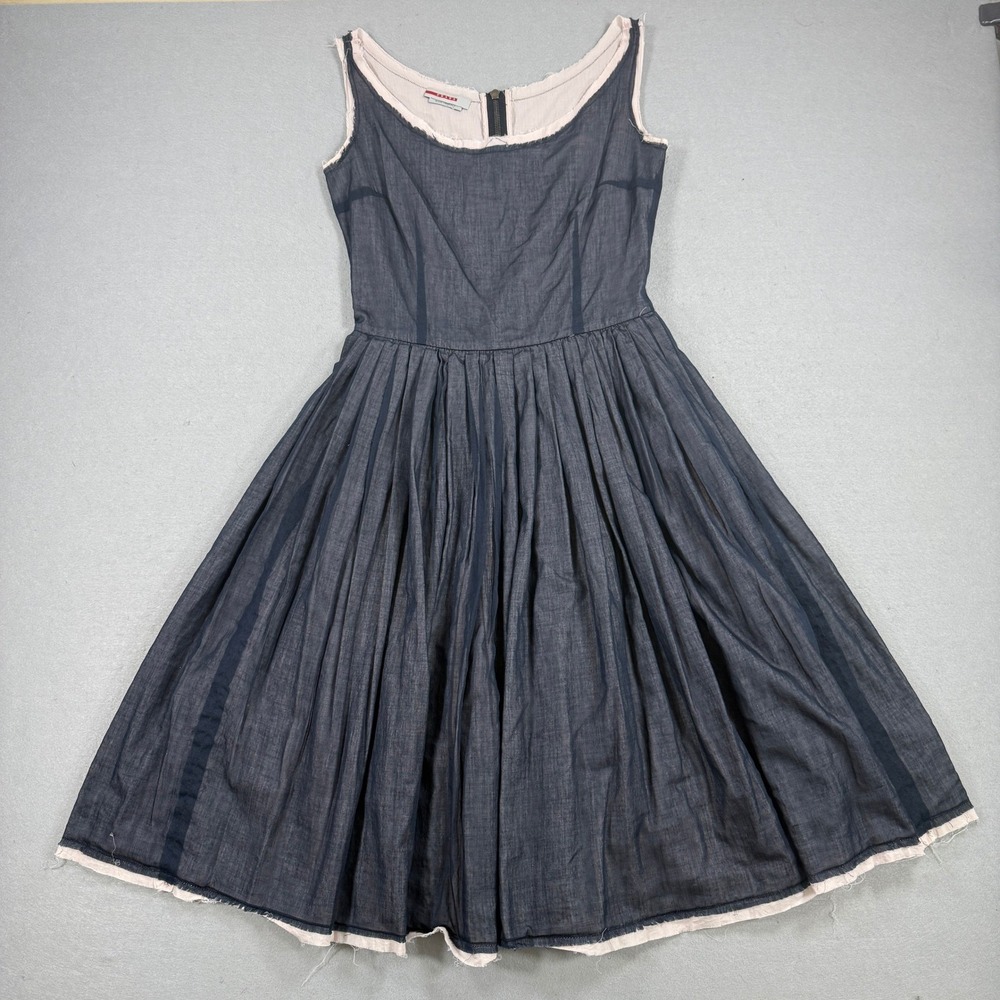 Prada Dress Women Navy Fits Small Sport Chambray Pleated Sleeveless Raw Hem Y2K
